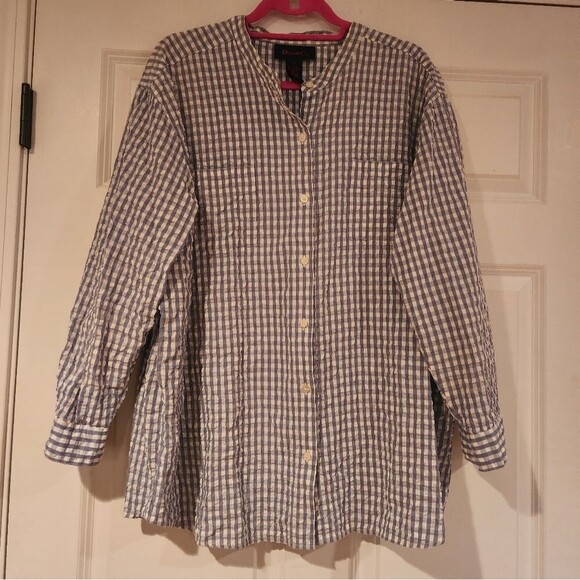 Denim & Co blue and white checkered textured button up shirt 1X - Picture 1 of 4